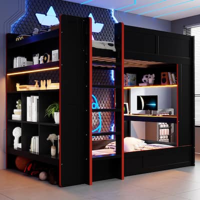 Black Bunk Bed Full Size Wood Gaming Bunk Bed Frame with Desk, Storage Shelves, LED and Charging Station, Full over Full Bed