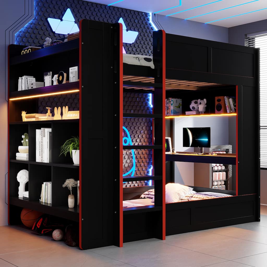 Black Bunk Bed Full Size Wood Gaming Bunk Bed Frame with Desk, Storage Shelves, LED and Charging Station, Full over Full Bed