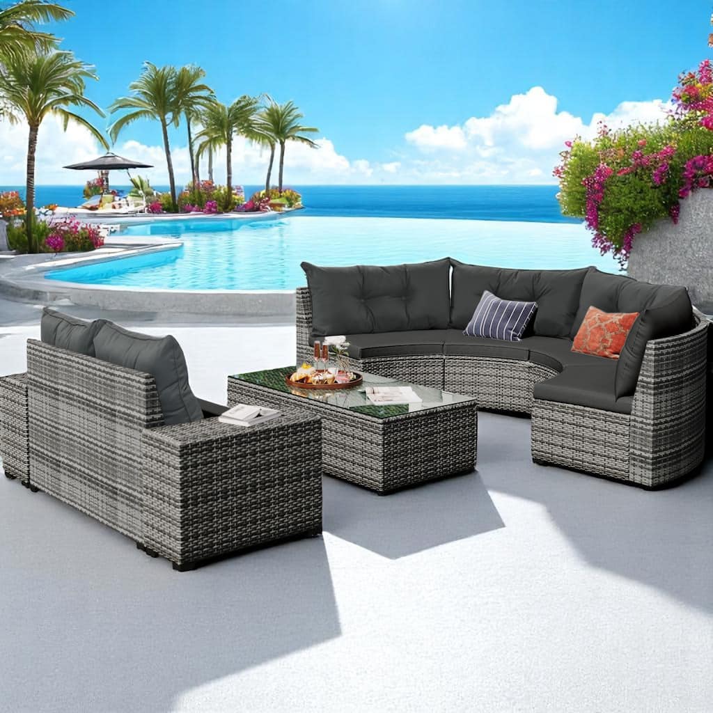 8-Piece Outdoor PE Wicker Patio Furniture Set with Cushions,Coffee Table & Side Tables,Modular Curved Sectional Sofa Set