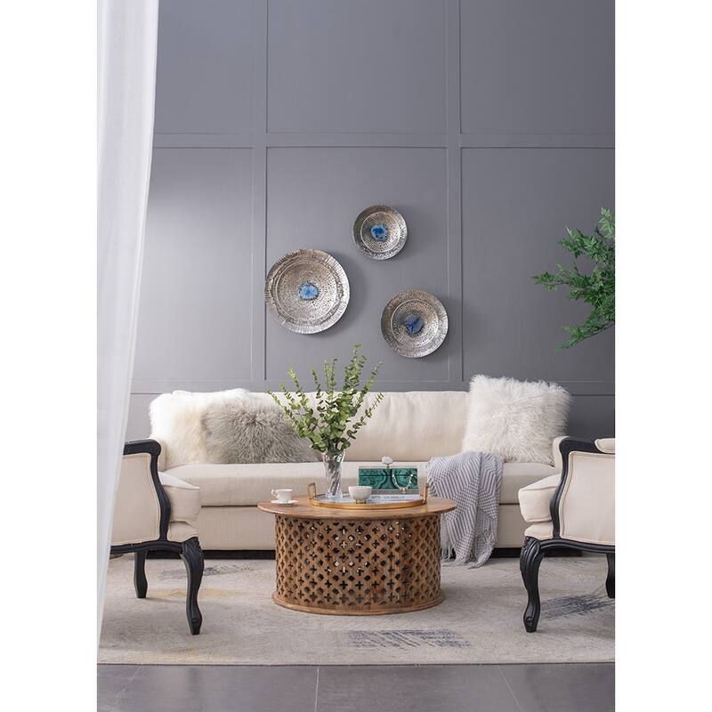 Set of 3, Modern Wall Decor Silver Textured Oversized Disc with Blue Agate, for Living Room Bedrrom Entryway Office