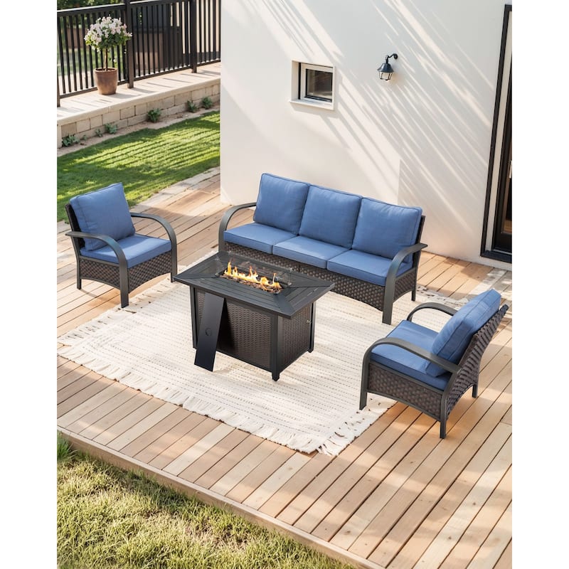 Pocassy Outdoor Patio Furniture Set - Brown Rattan - Blue Cushion - 4PCS Sofa Fire Table with Patio Chairs