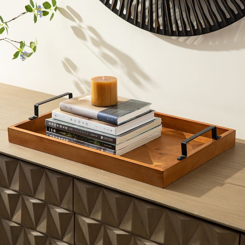 Glitzhome 2-Piece 18"/21"L Rectangle Wooden Geometric Carved Trays with Metal Handles