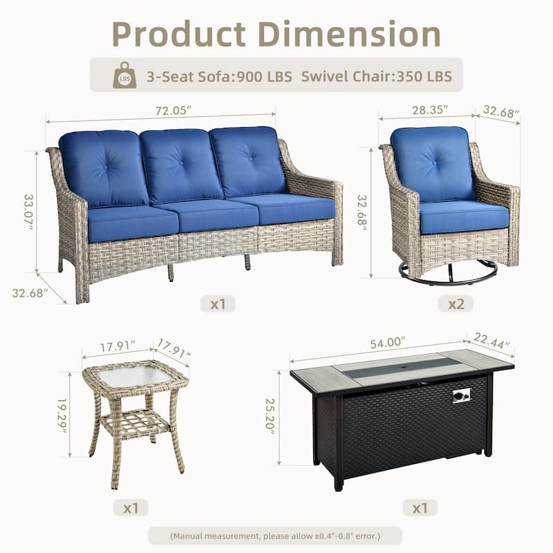 OVIOS 5 Pieces Outdoor Wicker Set with 54" Fire Table