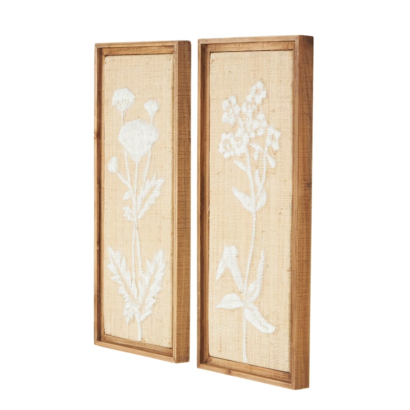 Cream Wood Textured Floral Home Wall Decor with White Painted Accents (Set of 2)