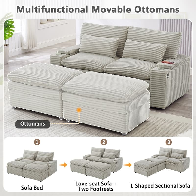 70.9" Loveseat Sectional Convertible Sofa with Ottomans and Storage Space, USB Ports