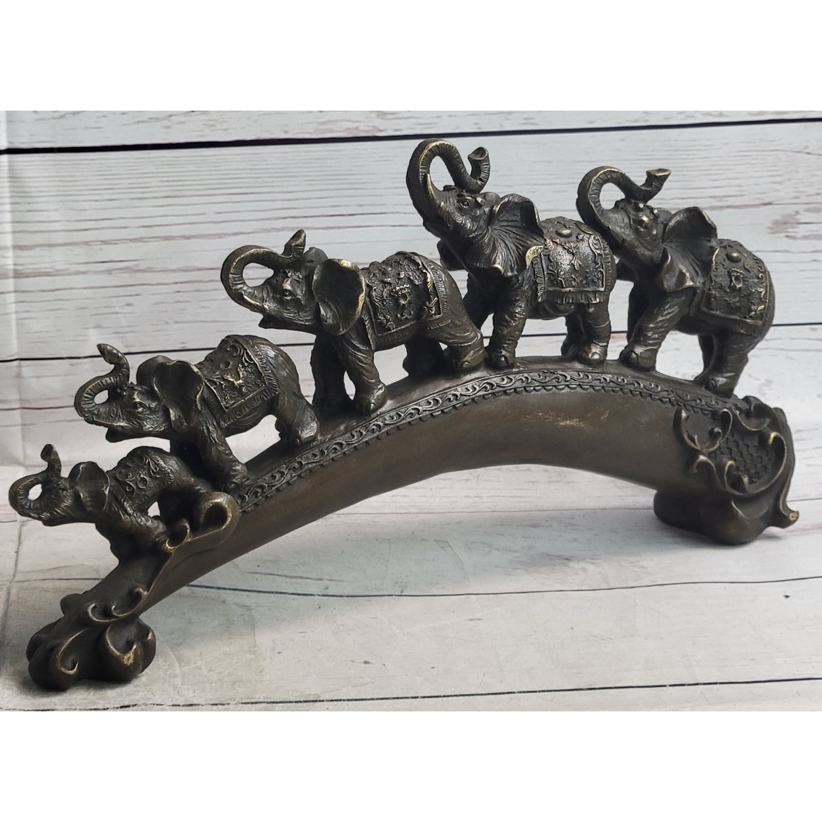 Pride Of Elephants On A Bridge Bronze Metal Statue Sculpture Figures Original Art