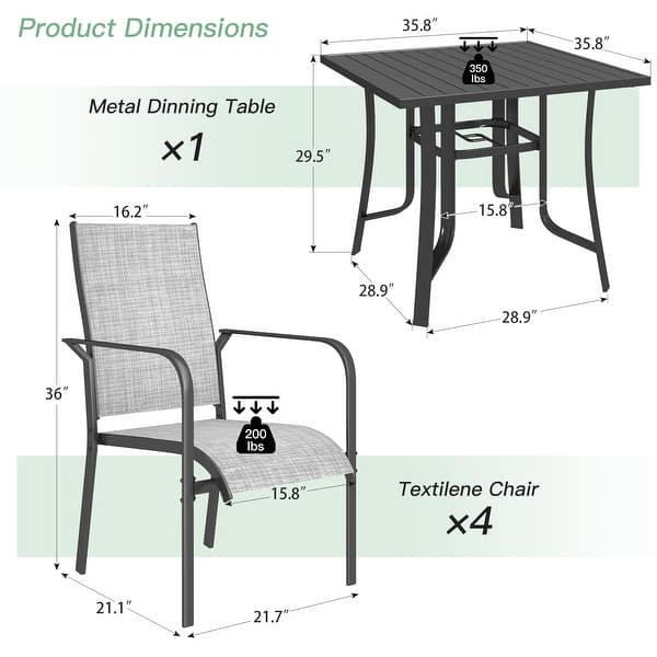 dimension image slide 22 of 33, Patio Dining Set, Outdoor Dining Table and Chairs Set with Textilene Chairs, Adjustable Umbrella Hole for Garden, Backyard
