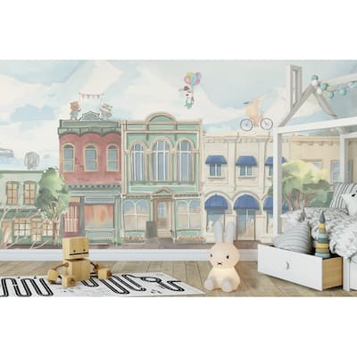 GK Wall Design Cartoon Animals Village Drawing Watercolor City Removable Wallpaper