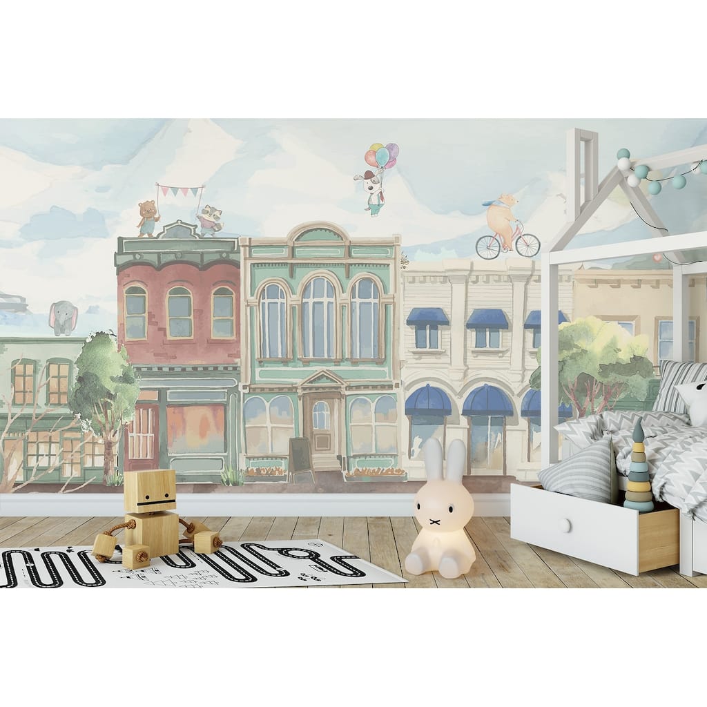 GK Wall Design Cartoon Animals Village Drawing Watercolor City Removable Wallpaper