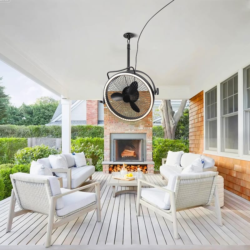 20" Matte Black Rotatable Covered Outdoor Garage Ceiling Fan with Light and Remote