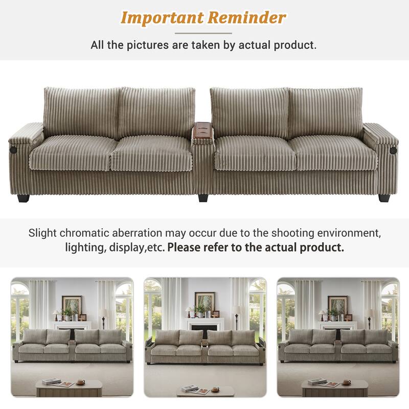 133" Corduroy Sectional Sofa with USB & Flip-Top Storage