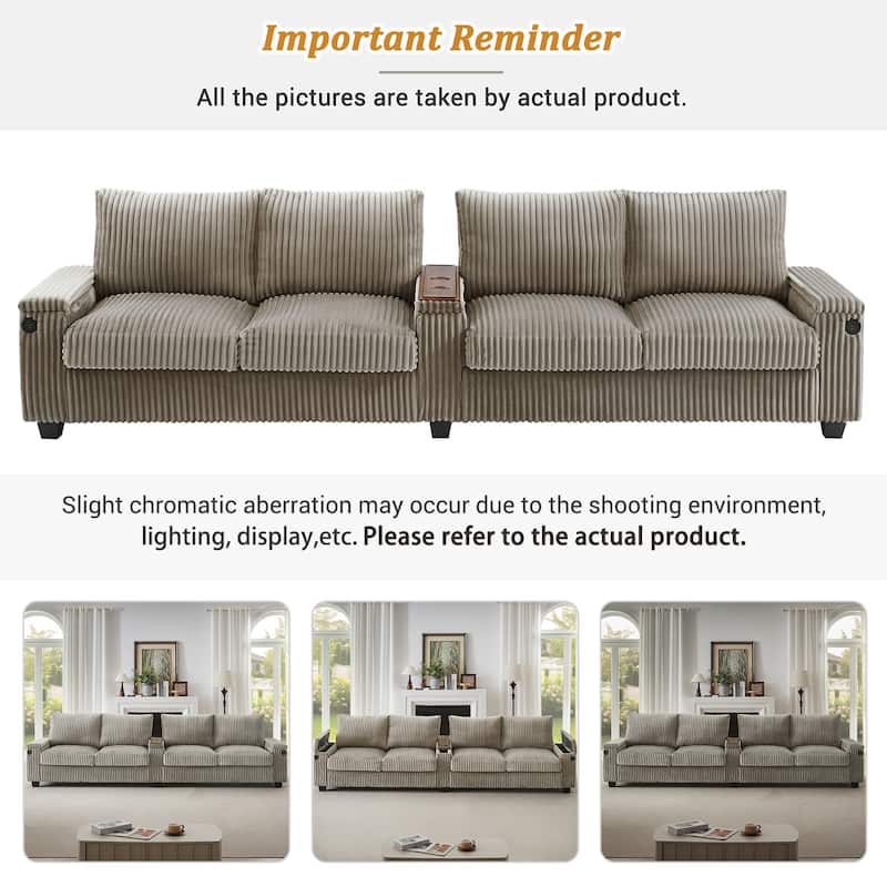 4 Seater Corduroy Sofa Couch with USB Ports and Storage Arms, 133" Modern Sofa with Side Pockets and Flip-Top Cup Holders
