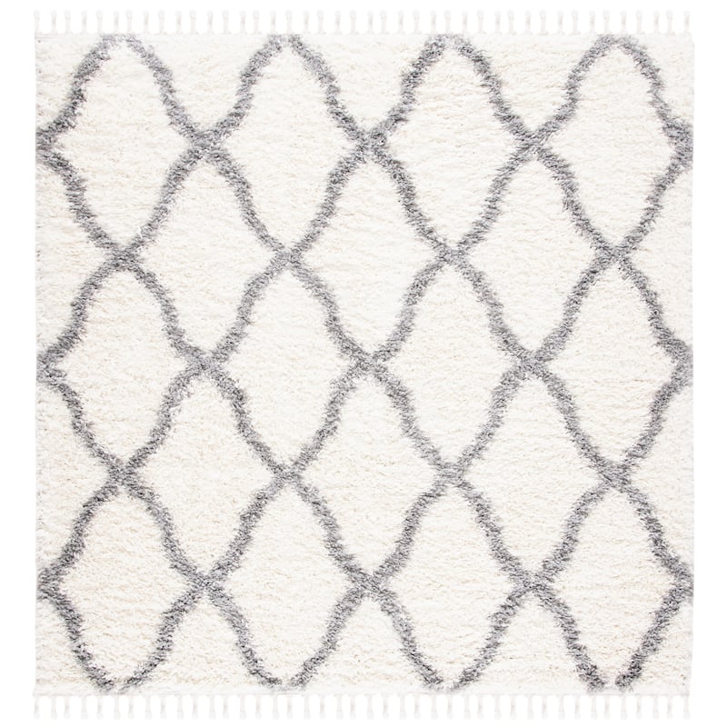 SAFAVIEH Moroccan Tassel Shag Almeta Diamond 1.5-inch Thick Rug - 6'7" Square - Ivory/Light Grey