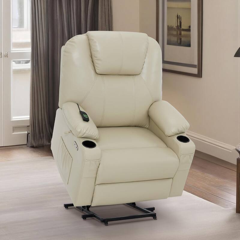 MCombo Large-Wide Power Lift Recliner Chair Sofa with Massage and Heat for Elderly People, Faux Leather R7510 - Cream White