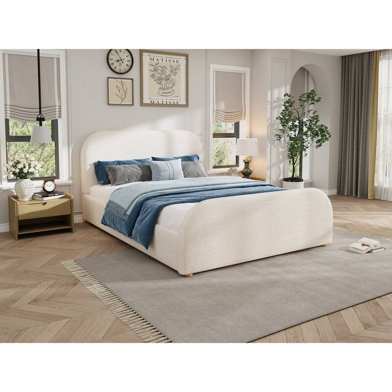 Queen Size Bed Frame with Linen Upholstered Headboard and Solid Wood Legs
