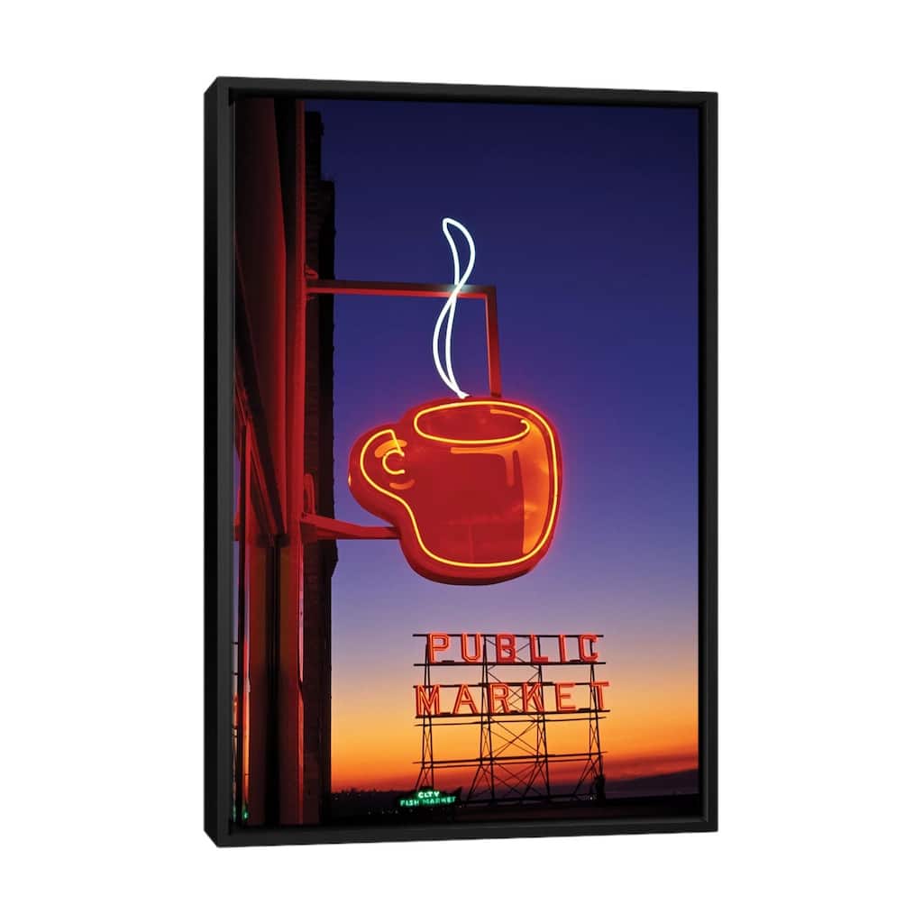 iCanvas "Coffee Cup & Public Market Neon Signs, Pike Place Market, Seattle, Washington, USA" by Paul Souders Framed Canvas Print