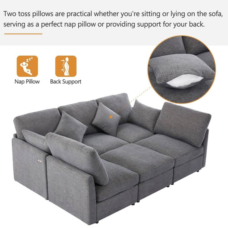 85.4" Modern U-shaped Chenille Modular Sectional Sofa with Movable Ottoman and Two USB Ports