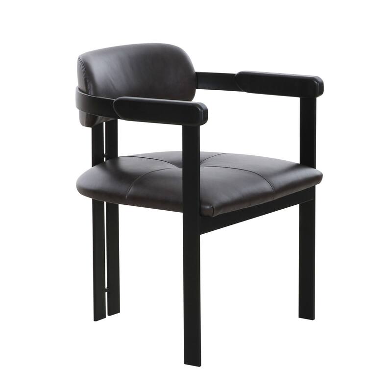 Anta Dining Chair, Black Iron Slats Back, Dark Brown Genuine Leather