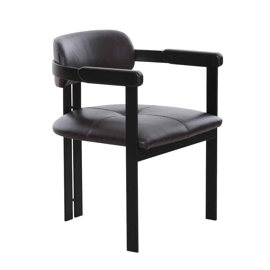 Anta Dining Chair, Black Iron Slats Back, Dark Brown Genuine Leather