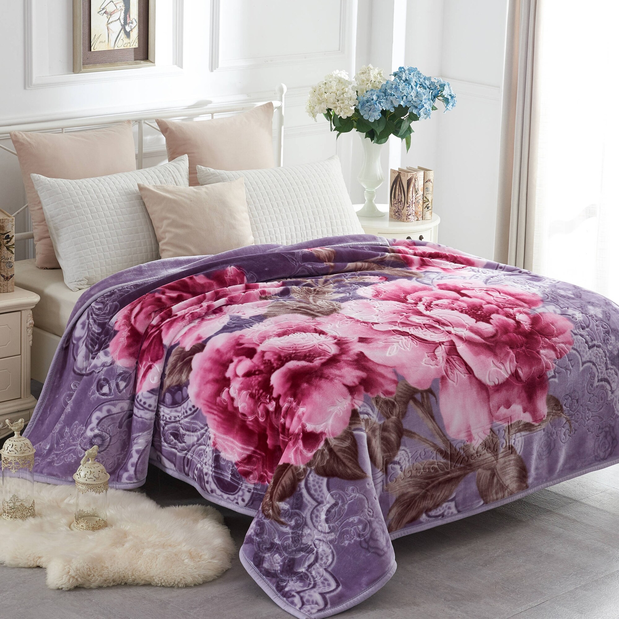 Raschel A B Printed 2 ply Reversible Korean style Plush Fleece Blanket Queen Light Purple