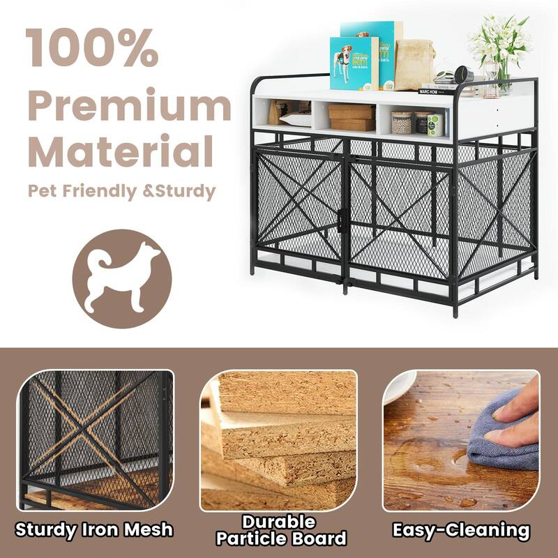 BOSSIN Large Dog Crate Furniture,Wooden Dog Kennel Table with Storage Drawers, Heavy Duty Metal Mesh,Decorative Pet House Indoor