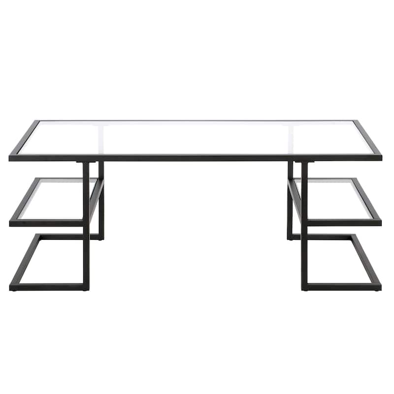 Sleek 47 Inch Rectangular Coffee Table with Glass Top and Steel Frame 2 Shelves for Storage - 47"L x 22"W x 18"H