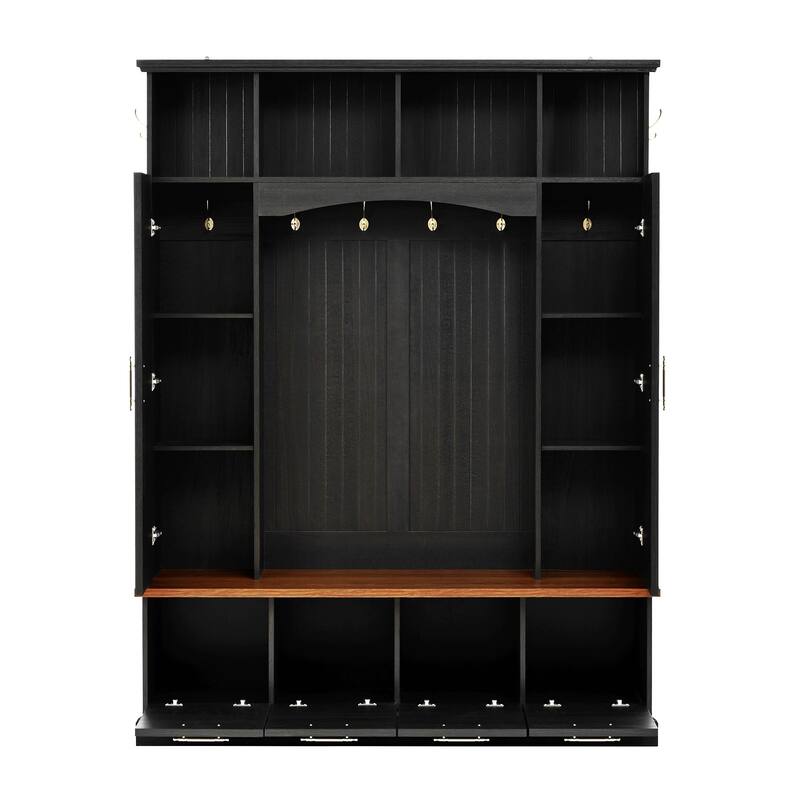 4-IN-1 Elegant 59" Wide Hall Tree with Golden Hooks & Handles, Practical Entryway Bench with Adjustable Shelves