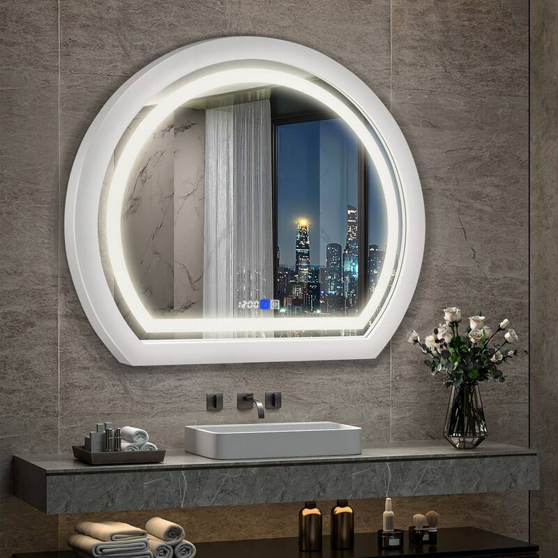 Arched Black Framed LED light Anti-fog 3 Colors Dimmable Wall Mirror - 27.6x23.6