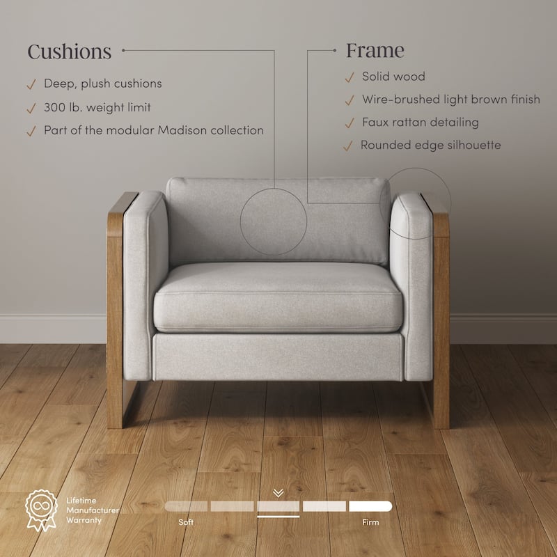 Madison Modern Upholstered Modular Sofa or Couch for Living Room with Solid Wood Legs