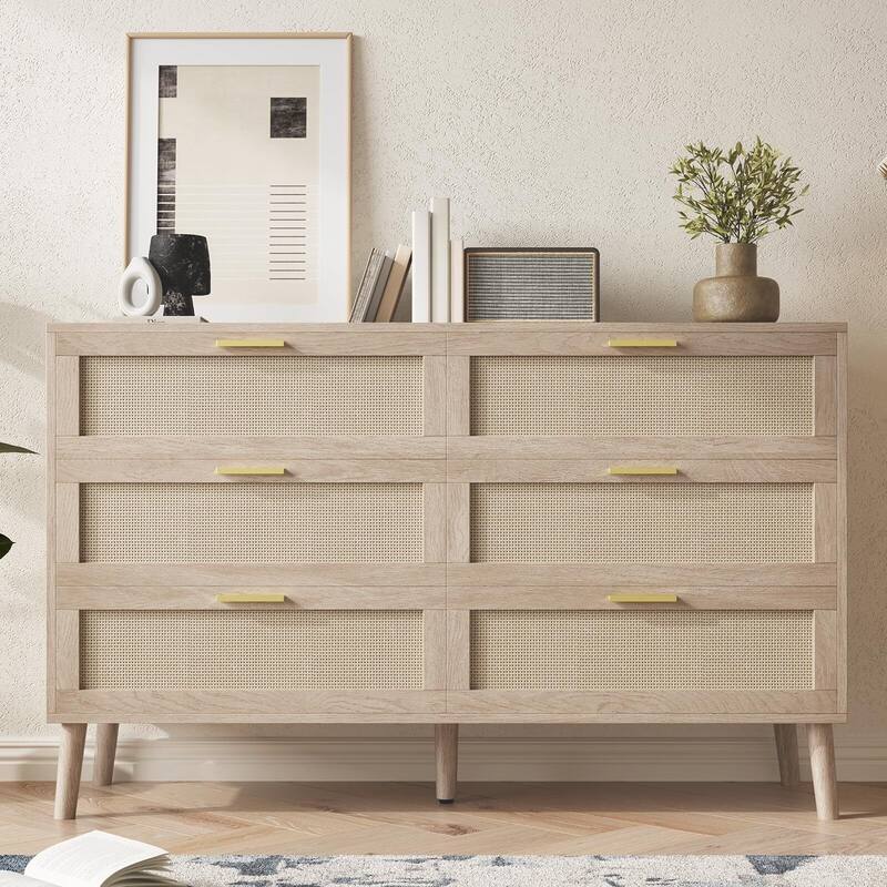 6 Drawer Rattan Dresser, 47.2" x 15.7" x 29.5" Rattan Chest of Dressers, Mid Century Modern Dresser for Closet with Handles