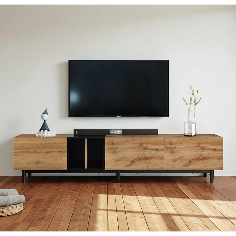 Modern 80 Inch TV Stand with 3 Drop-Down Doors, Entertainment Console with Large Storage Cabinet for Bedroom or Media Space - Natural