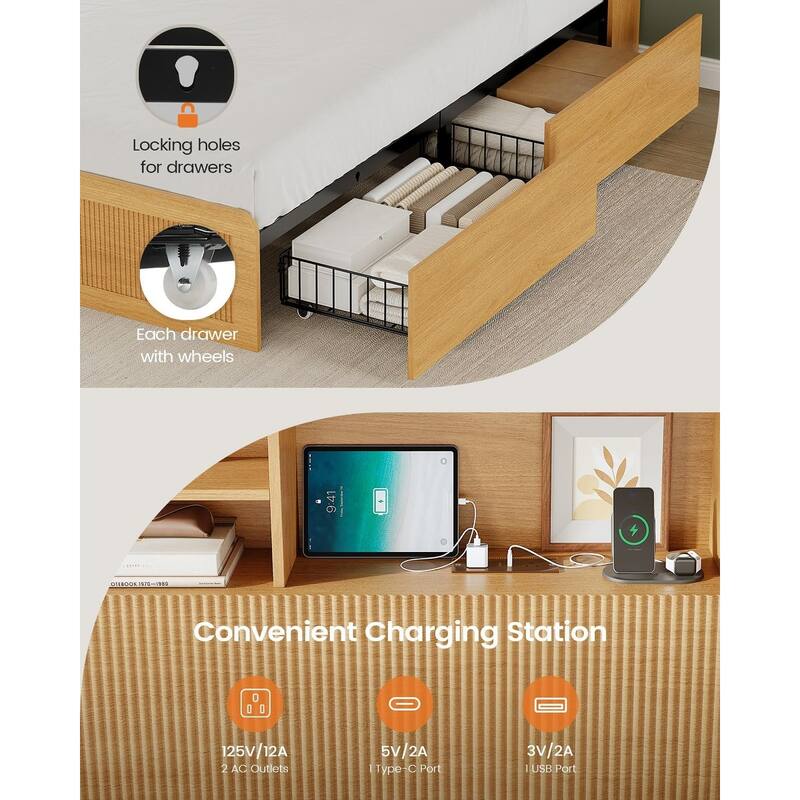 Bed Frame with 4 Storage Drawers and Hidden Storage Headboard Charging Station