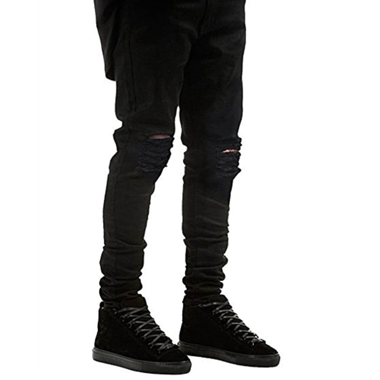 men's slim fit black stretch destroyed ripped skinny denim jeans