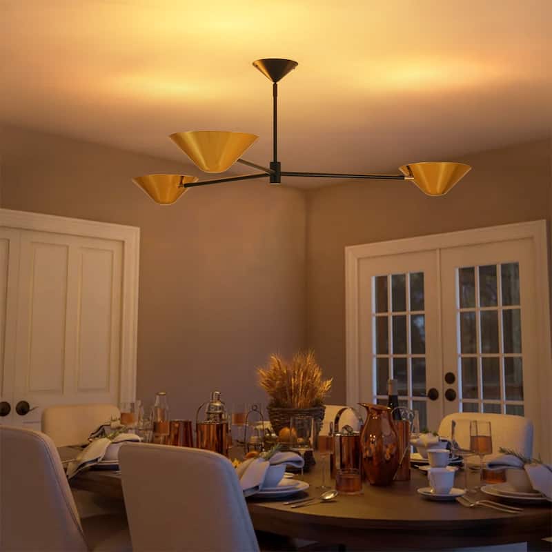 53.93" W 3-Light Modern Black & Brass Linear Sputnik Cone Semi-Flush Mount Ceiling Light - 53.94" W × 16.93" H