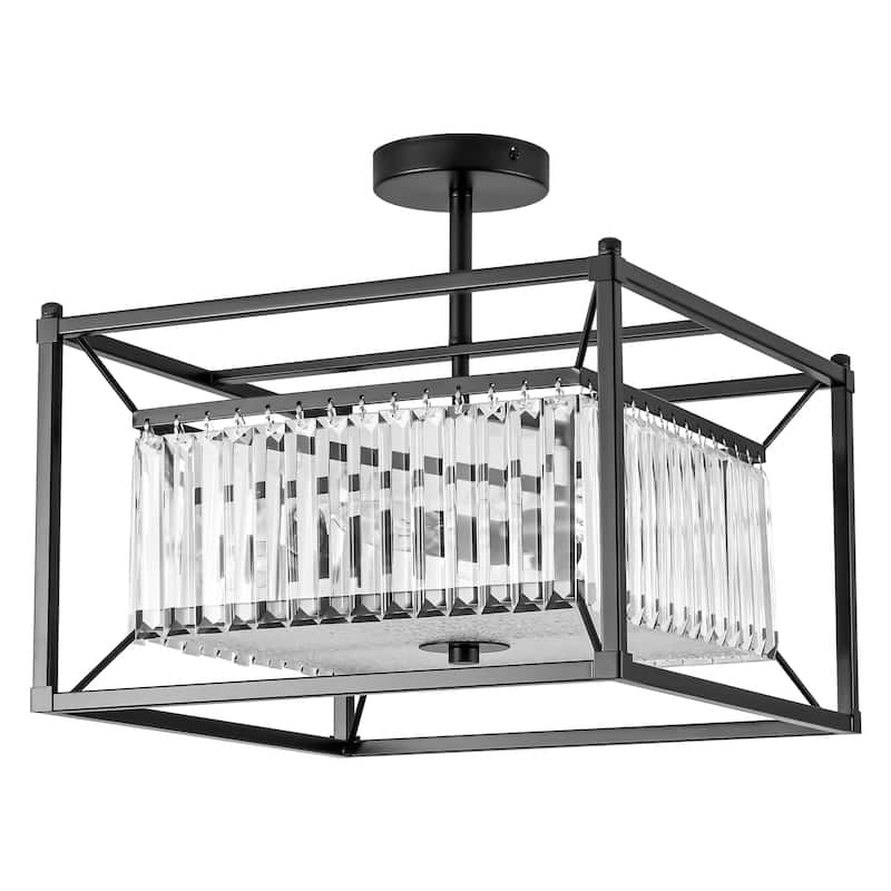 4-Light Mid-Century Modern Black Square Metal Frame Crystal Semi-Flush Mount Light - 15.75 in. W x 14.96 in. H
