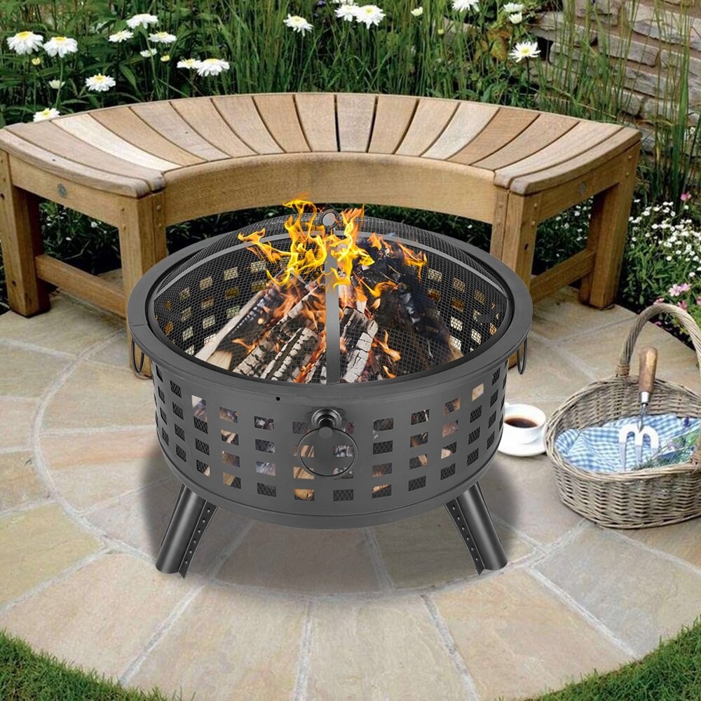 Round 28 Inch Outdoor Wood Burning Backyard Fire Pit Patio With Mesh Spark Guard for sale online 
