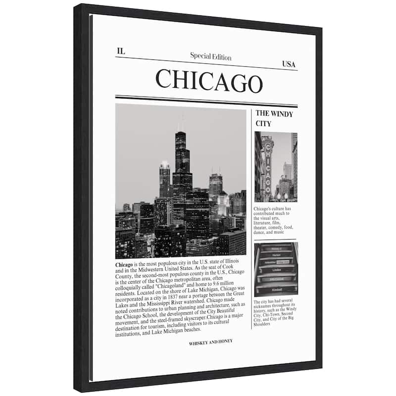 Kate and Laurel Chicago City Article by Megan Ryan Framed Canvas Wall Art Print - 18x24