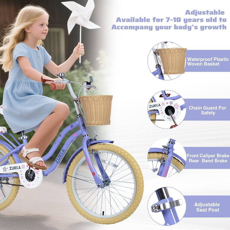 Girls 20 Inch Bike with Basket, Steel Frame, Front & Rear Brakes, For Kids Ages 7-10, No Training Wheels