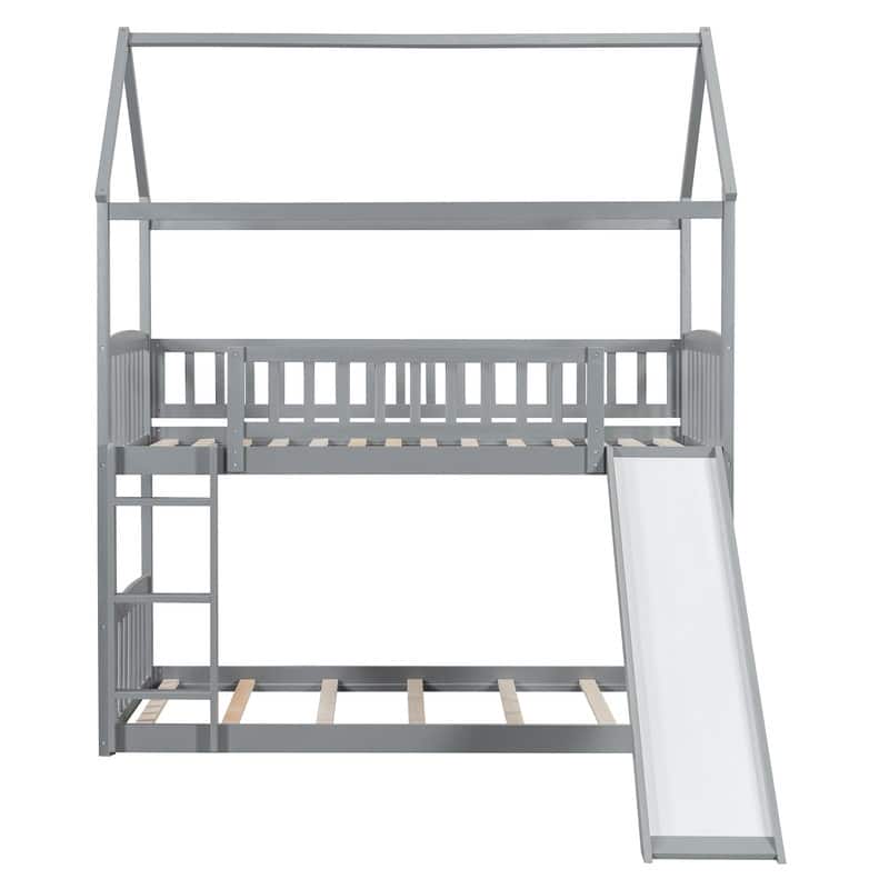 Twin Over Twin Size House Bed Bunk Bed with Slide