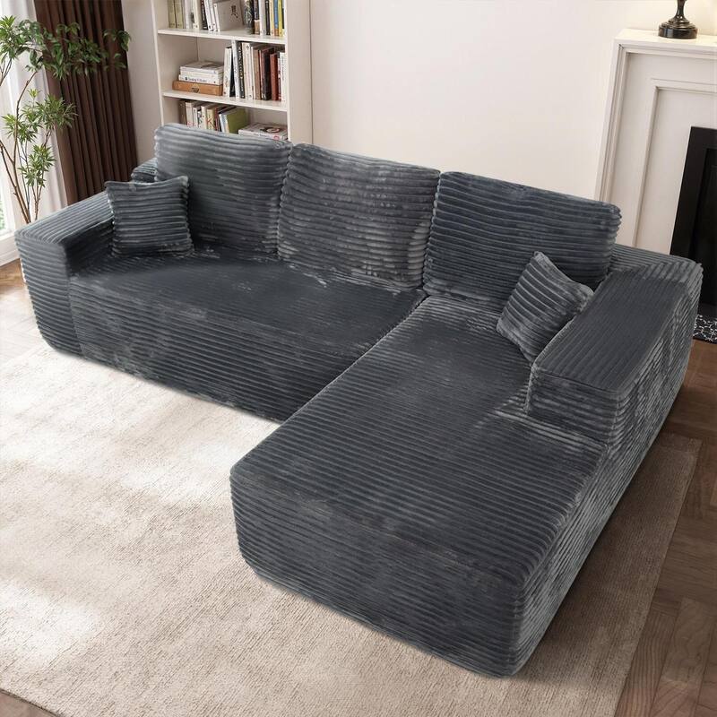 Modular Sectional Sofa with L-Shape Chaise Lounge, Corduroy Deep Seat Cloud Couch, Corner Upholstered Sofa with 2 Pillows - Grey