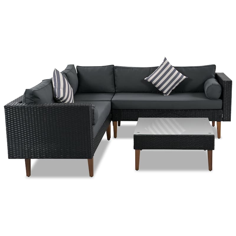 4 Pieces Outdoor Wicker Reversible Patio Sofa with Cushions,Table and Colorful Pillows
