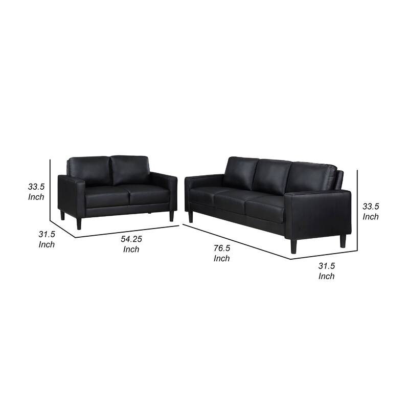 Rumi 2pc Sofa and Loveseat Set, Modern Track Arms, Black Faux Leather