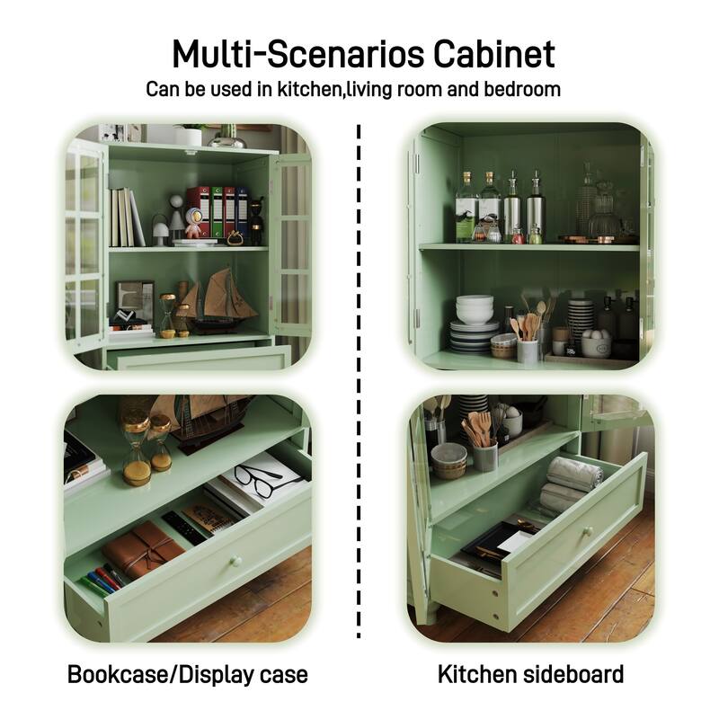 Modern Wooden Buffet Cabinet with Double Glass Doors & Drawer, Storage Sideboard for Dining Room & Entryway