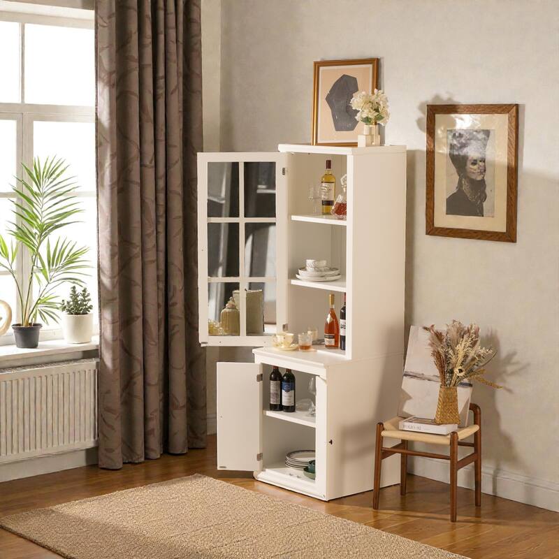 75.25'' Tall Farmhouse Pantry Cabinet with Glass Door & Lattice Window, Freestanding Hutch with Adjustable Shelves