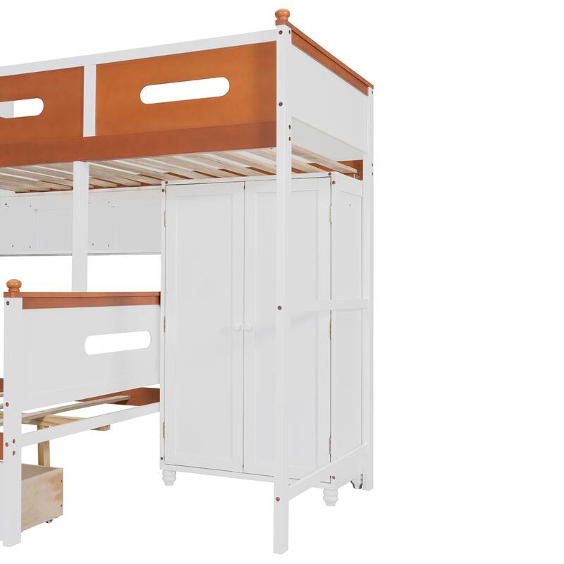 Twin Over Full Wooden Bunk Bed with Wardrobe, Drawers, Shelves and LED Light in White and Orange