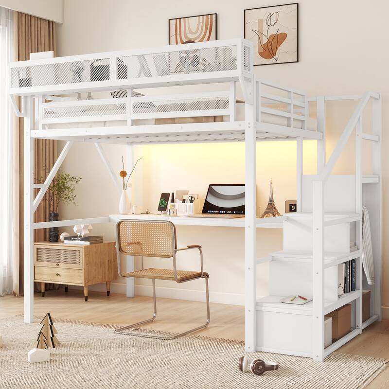 High Loft Bed Metal Bed Frame with Stairs Built-in Shelves and Wardrobe, Side Grid Rack, Light, Charging Station and Desk