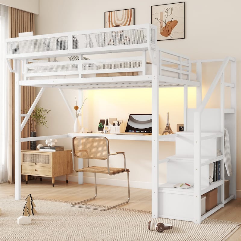 Iron Loft Bed Frame with Desk, Charging Station, Bedside Shelf and Wardrobe, Heavy Duty Metal Loftbed with LED Lights