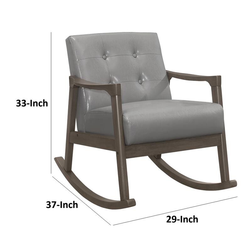 Ciao 37 Inch Rocking Chair Armchair, Light Gray Faux Leather, Solid Wood