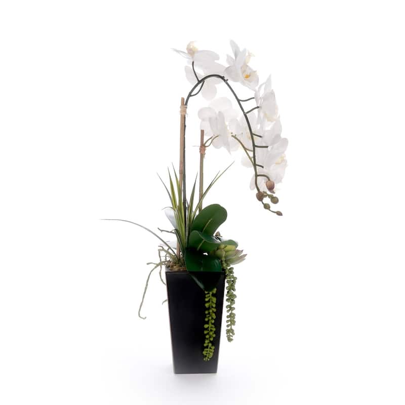 Real Touch White Orchid Flower Arrangement in Black Pot