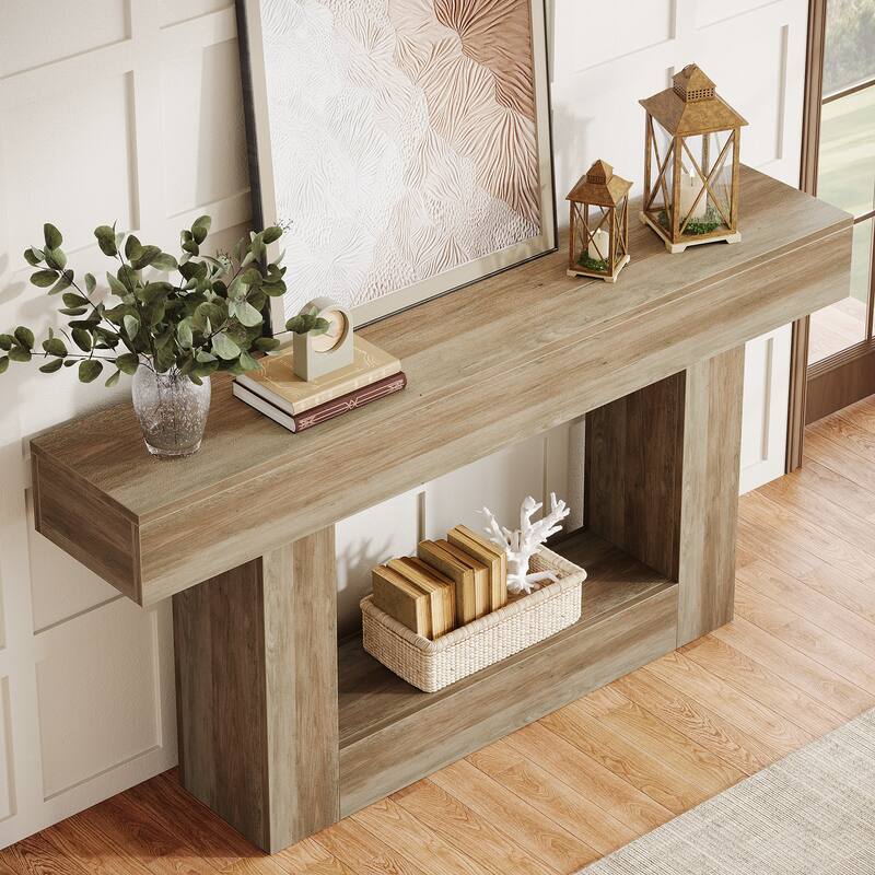 63 Inches Brown/ Gray Wood Console Table, Farmhouse Entryway Table for Hallway